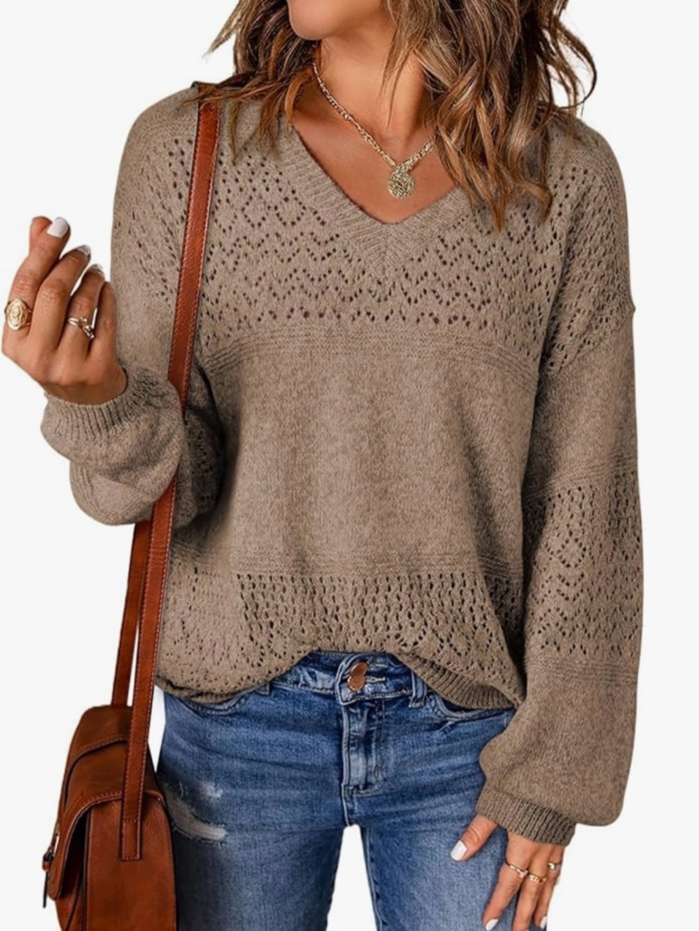 SHEWIN Women's Long Sleeve V Neck Crewneck  Crochet Pullover Sweater